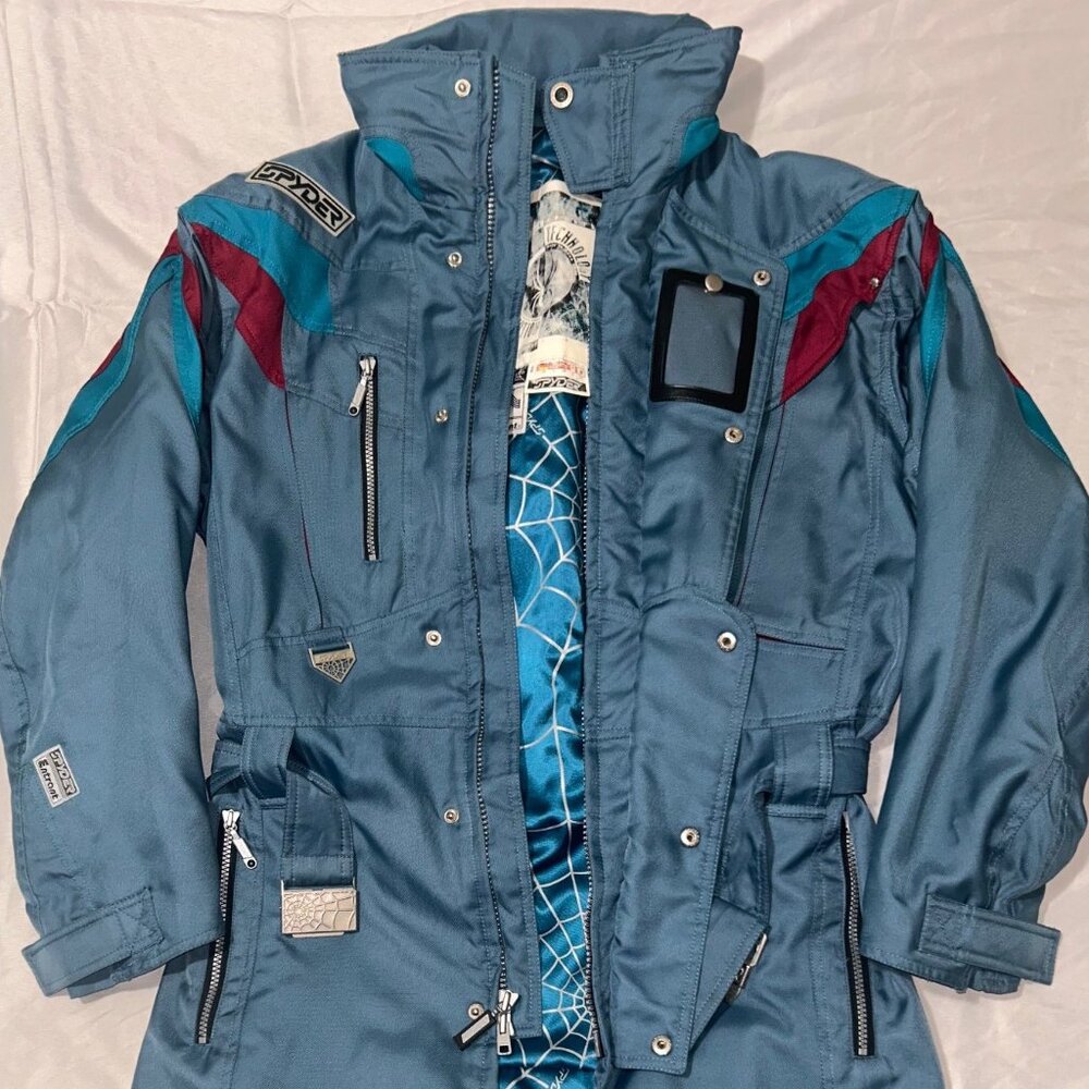 Vintage Spyder Men’s Ski Parka Jacket Teal Green Hidden Hood Insulated Size S